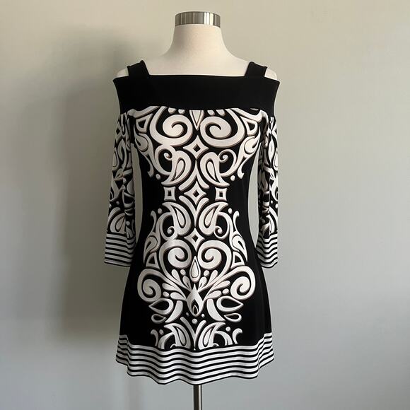 Cache Dresses & Skirts - Cache Swirl Striped Cold Shoulder Tunic Dress XS Black Beige